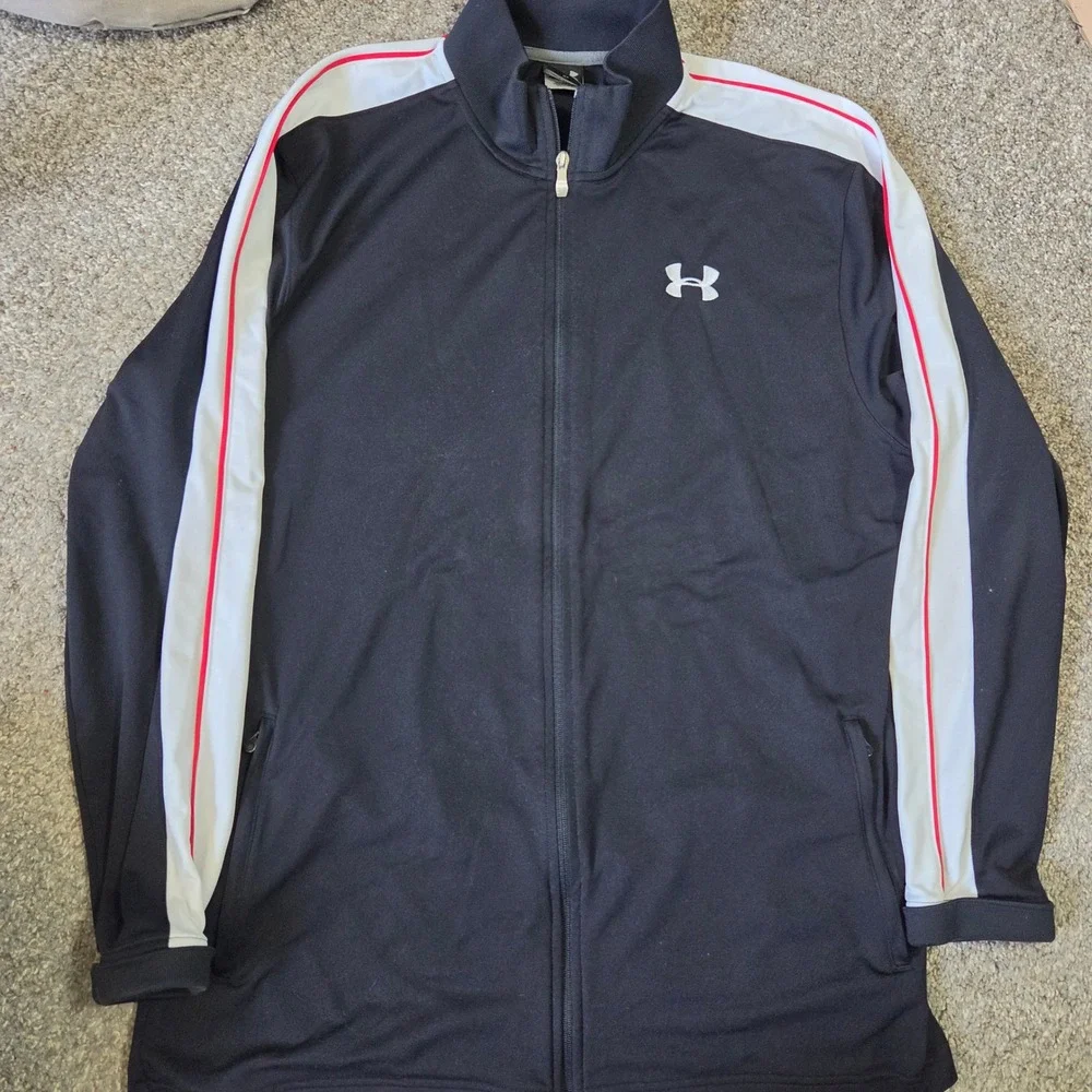 Under Armour Mens XL Full Zip Track Jacket Black White Red Stripe Athletic Sport